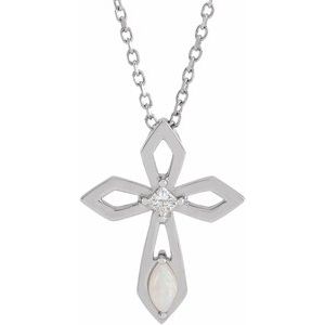 Sterling Silver Natural White Opal & .05 CT Natural Diamond Cross 16-18" Necklace