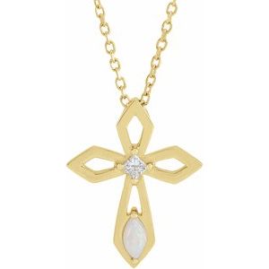 14K Yellow Gold Natural White Opal & .05 CT Natural Diamond Cross 16-18" Necklace