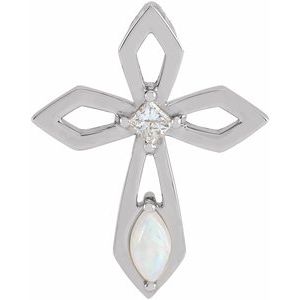 Sterling Silver Natural White Opal & .05 CT Natural Diamond Cross Pendant