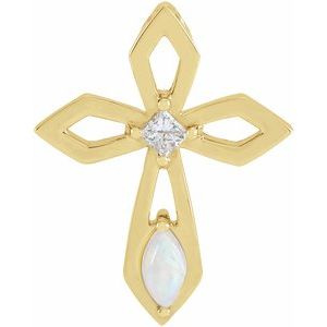 14K Yellow Gold Natural White Opal & .05 CT Natural Diamond Cross Pendant
