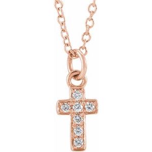 14K Rose Gold .04 CTW Natural Diamond Youth Cross 15" Necklace