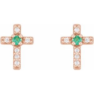14K Rose Gold Natural Emerald & .03 CTW Natural Diamond Cross Earrings