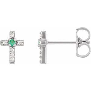 14K White Gold Lab-Grown Emerald & .03 CTW Natural Diamond Cross Earrings