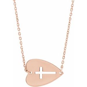14K Rose Gold Sideways Heart with Pierced Cross 18" Necklace