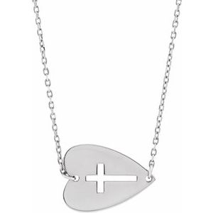 Platinum Sideways Heart with Pierced Cross 18" Necklace