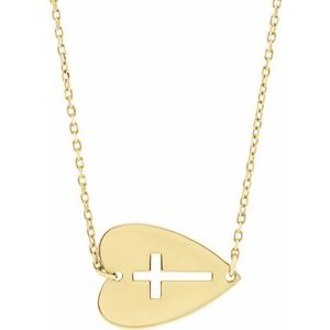 14K Yellow Gold Sideways Heart with Pierced Cross 18" Necklace