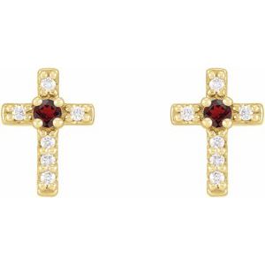 14K Yellow Gold Natural Mozambique Garnet & .03 CTW Natural Diamond Cross Earrings