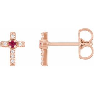 14K Rose Gold Natural Ruby & .03 CTW Natural Diamond Cross Earrings