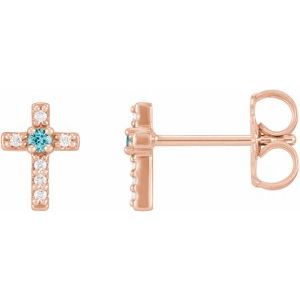 14K Rose Gold Natural Blue Zircon & .03 CTW Natural Diamond Cross Earrings