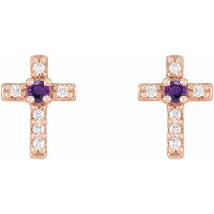 14K Rose Gold Natural Amethyst & .03 CTW Natural Diamond Cross Earrings