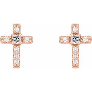 14K Rose Gold Natural White Sapphire & .03 CTW Natural Diamond Cross Earrings