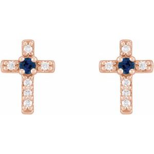 14K Rose Gold Natural Blue Sapphire & .03 CTW Natural Diamond Cross Earrings