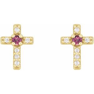 14K Yellow Gold Natural Pink Tourmaline & .03 CTW Natural Diamond Cross Earrings