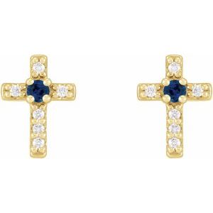 14K Yellow Gold Natural Blue Sapphire & .03 CTW Natural Diamond Cross Earrings