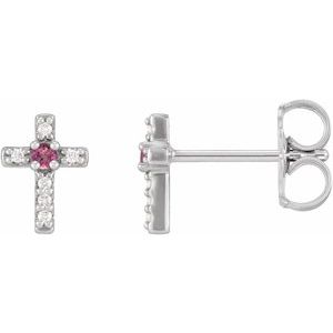 14K White Gold Natural Pink Tourmaline & .03 CTW Natural Diamond Cross Earrings