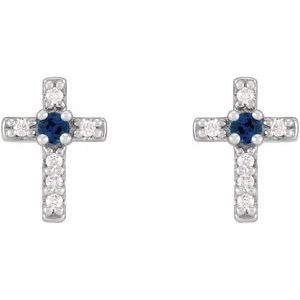 14K White Gold Natural Blue Sapphire & .03 CTW Natural Diamond Cross Earrings