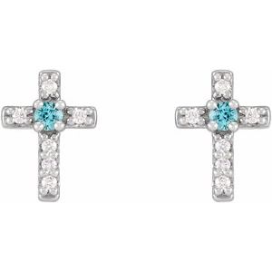 14K White Gold Natural Blue Zircon & .03 CTW Natural Diamond Cross Earrings