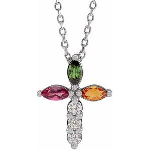 Platinum Natural Multi-Gemstone & 1/10 CTW Natural Diamond Cross 16-18" Necklace