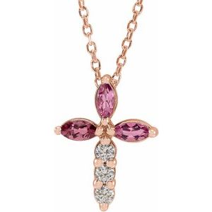 14K Rose Gold Natural Pink Tourmaline & 1/10 CTW Natural Diamond Cross 16-18" Necklace