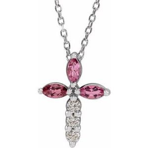 Platinum Natural Pink Tourmaline & 1/10 CTW Natural Diamond Cross 16-18" Necklace