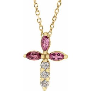 14K Yellow Gold Natural Pink Tourmaline & 1/10 CTW Natural Diamond Cross 16-18" Necklace
