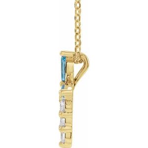 14K Yellow Gold Natural Aquamarine & 1/10 CTW Natural Diamond Cross 16-18" Necklace