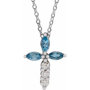 14K White Gold Natural Aquamarine & 1/10 CTW Natural Diamond Cross 16-18" Necklace