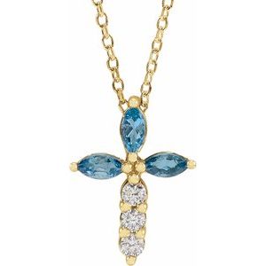 14K Yellow Gold Natural Aquamarine & 1/10 CTW Natural Diamond Cross 16-18" Necklace