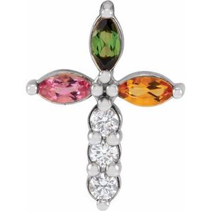 Sterling Silver Natural Multi-Gemstone & 1/10 CTW Natural Diamond Cross Pendant