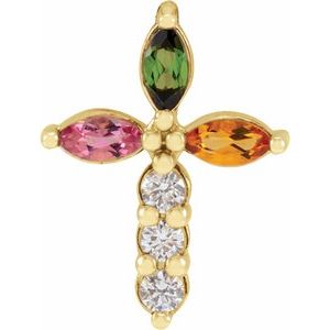 14K Yellow Gold Natural Multi-Gemstone & 1/10 CTW Natural Diamond Cross Pendant