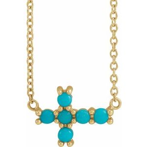 14K Yellow Gold Natural Turquoise Sideways Cross 18" Necklace