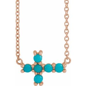 14K Rose Gold Natural Turquoise Sideways Cross 18" Necklace