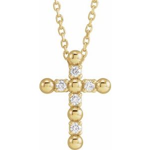 14K Yellow Gold .07 CTW Natural Diamond Beaded Cross 16-18" Necklace