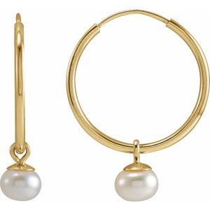 14K Yellow Cultured White Freshwater Pearl 15 mm Endless Hoop Earrings