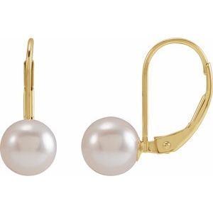 14K Yellow Cultured White Akoya Pearl Lever Back Earrings