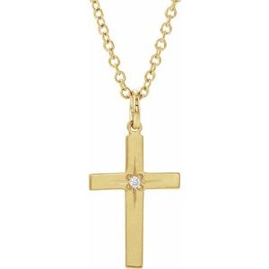 14K Yellow Gold .01 CT Natural Diamond Cross 18" Necklace