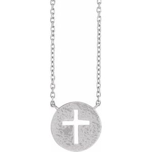 14K White Gold Pierced Cross Hammered Disc 18" Necklace
