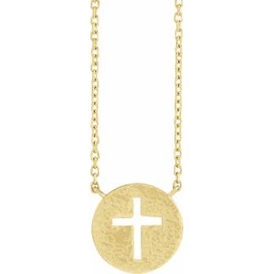 14K Yellow Gold Pierced Cross Hammered Disc 18" Necklace