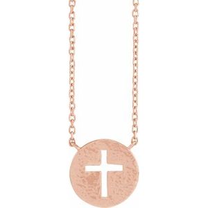 14K Rose Gold Pierced Cross Hammered Disc 18" Necklace