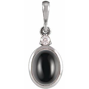 14K White Gold 10x8 mm Natural Black Onyx & .03 CT Natural Diamond Cabochon Pendant