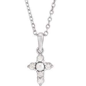 Platinum Cultured White Seed Pearl & .07 CTW Natural Diamond Cross 16-18" Necklace