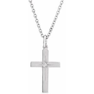 14K White Gold .01 CT Natural Diamond Cross 18" Necklace