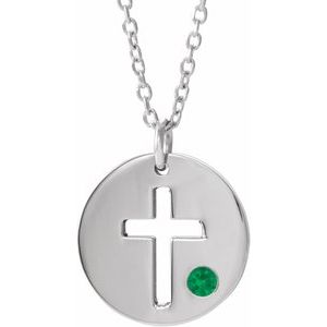 14K White Gold Natural Emerald Pierced Cross Disc 16-18" Necklace