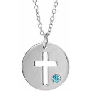 14K White Gold Natural Zircon Pierced Cross Disc 16-18" Necklace