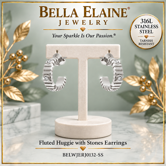 Fluted Huggie with Stones Earrings - 316L Stainless Steel Earrings - Bella Elaine Jewelry