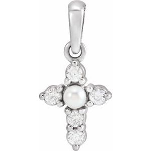 14K White Gold Cultured White Seed Pearl & .07 CTW Natural Diamond Cross Pendant