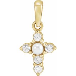 14K Yellow Gold Cultured White Seed Pearl & .07 CTW Natural Diamond Cross Pendant