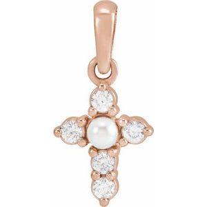 14K Rose Gold Cultured White Seed Pearl & .07 CTW Natural Diamond Cross Pendant