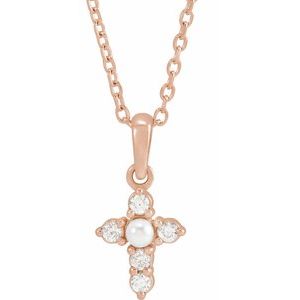 14K Rose Gold Cultured White Seed Pearl & .07 CTW Natural Diamond Cross 16-18" Necklace