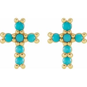 14K Yellow Gold Natural Turquoise Cross Earrings